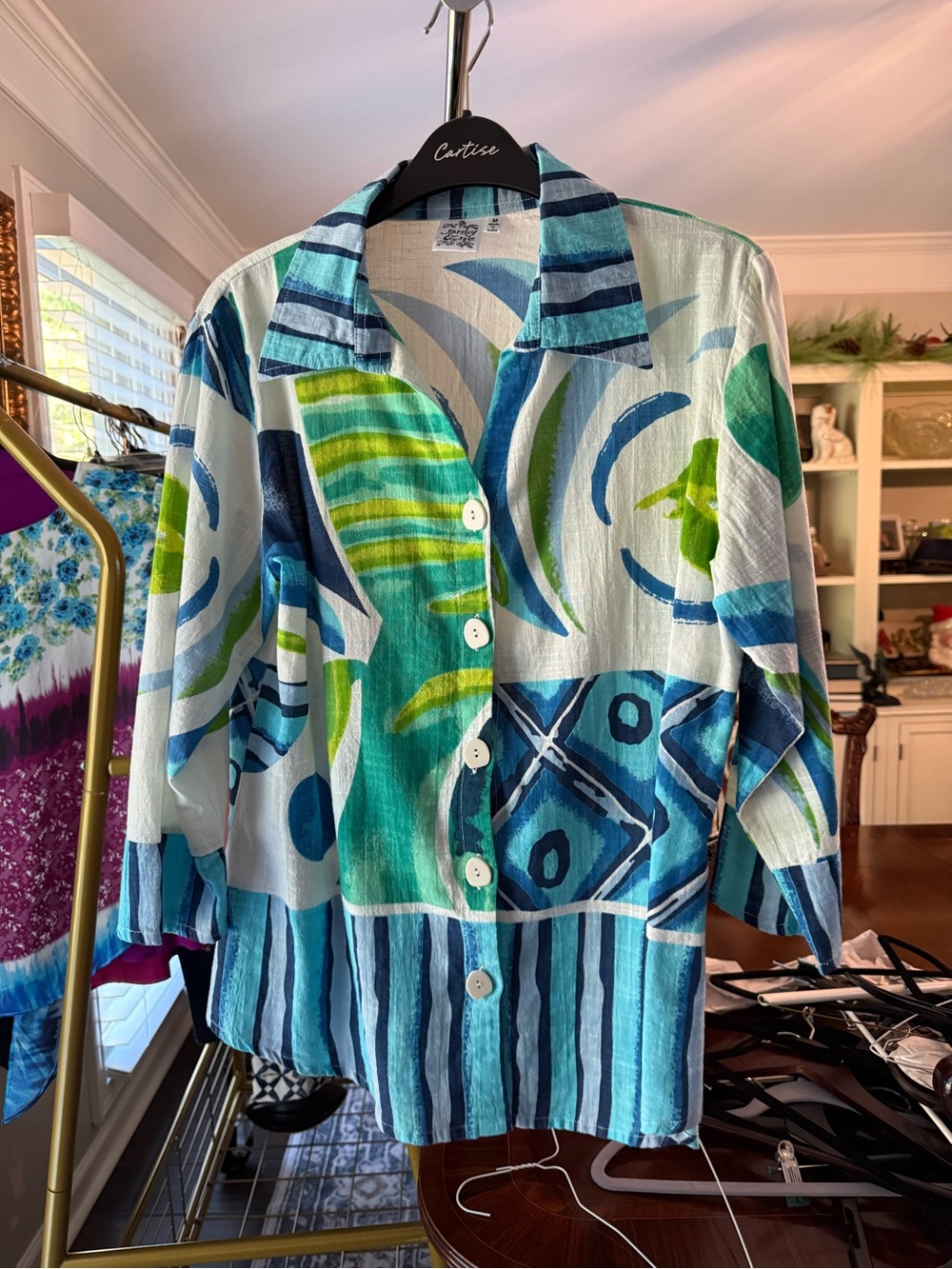 Joy Joy Abstract Patchwork Button-Down Shirt - Blue & Green
